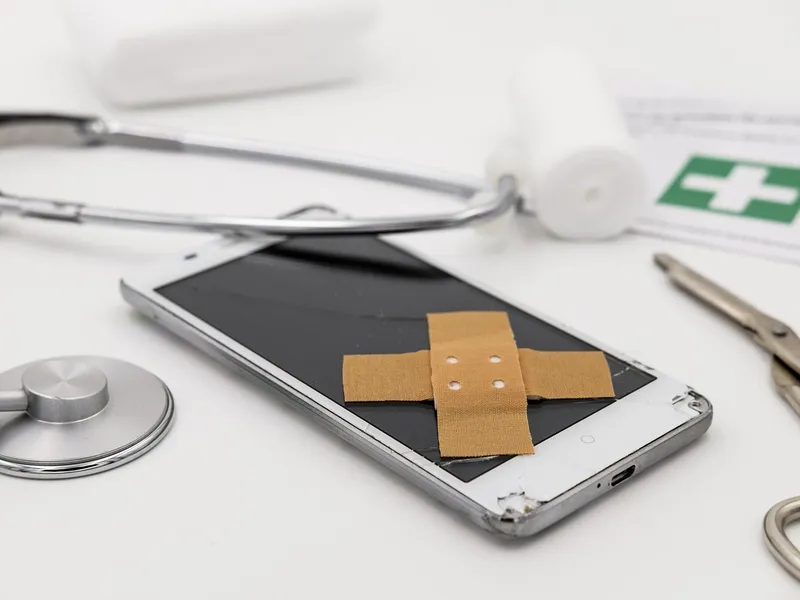 A mobile phone with a bandage on the screen, symbolizing repair services.