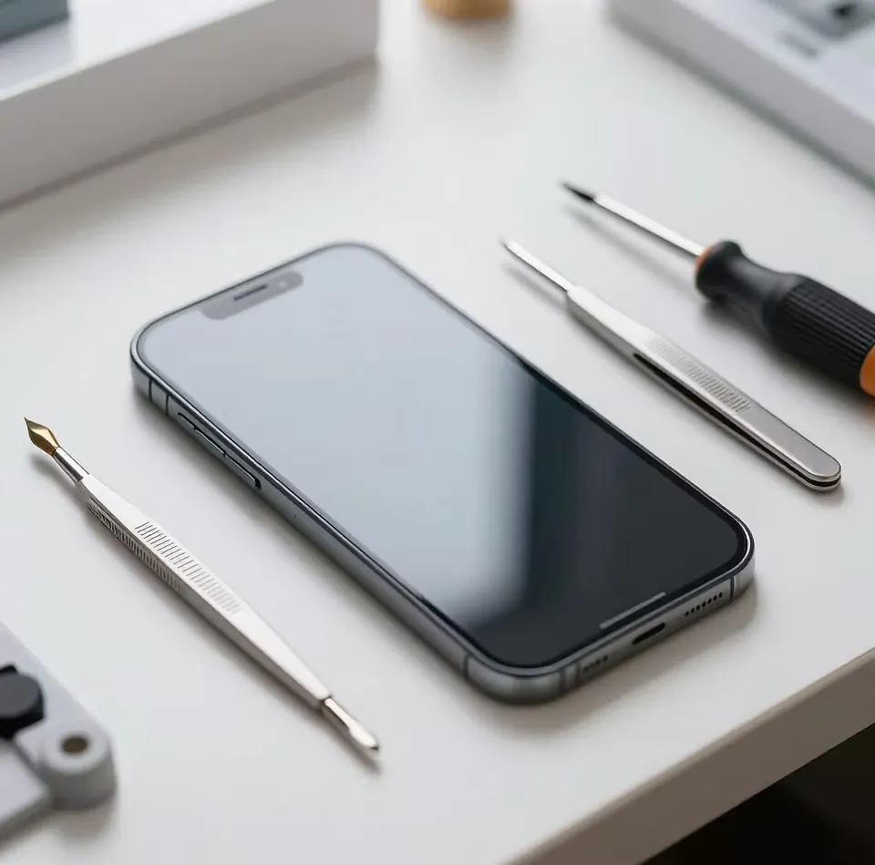Phone on table with repair tools
